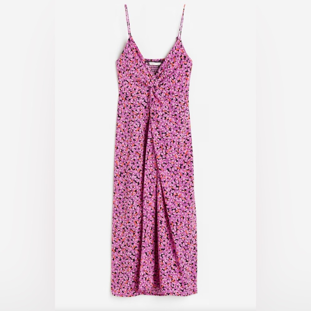 H&M large purple pink floral v-neck midi dress Draped Smocked Strappy
